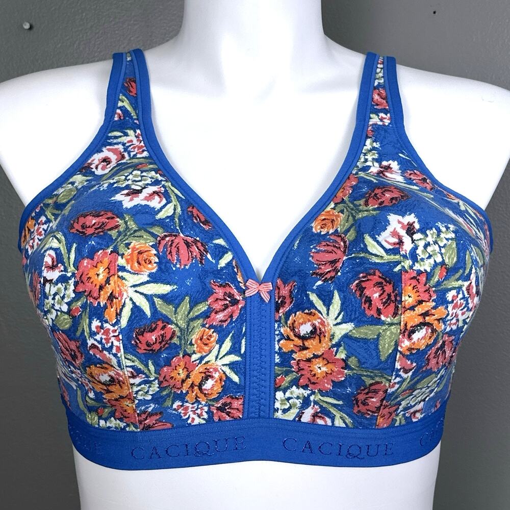 Cacique Lightly Lined No Wire Full Coverage Bra Size 42D Bright Floral Blue